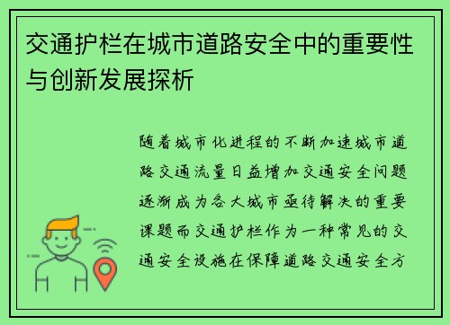 交通护栏在城市道路安全中的重要性与创新发展探析